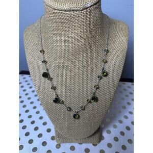 Vintage Y2K Green Faceted Crystal Station Necklace Silver Tone